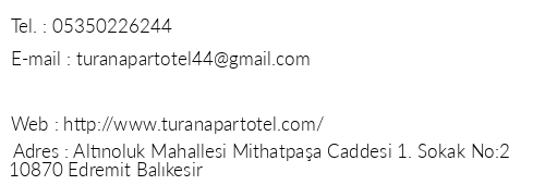 Turan Apart Otel Altnoluk telefon numaralar, faks, e-mail, posta adresi ve iletiim bilgileri